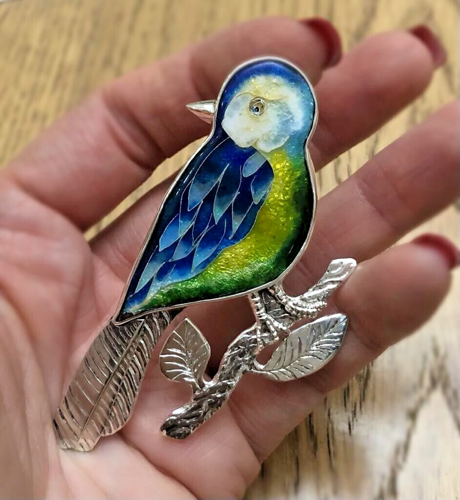 Sterling Silver handmade minankari – cloisonne enamel- brooch – bird