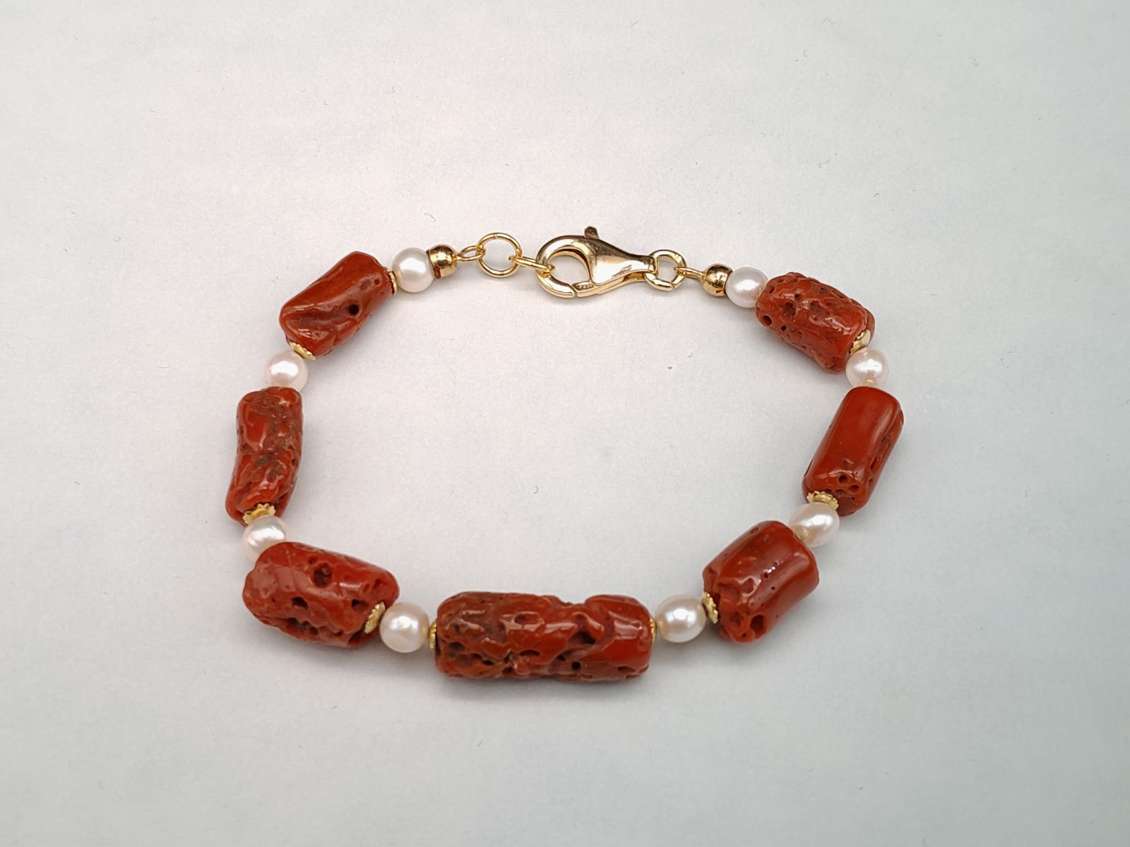 Women’s Red Coral Sardinian Bracelet Natural Real Pearl Silver 925 Gold Plac