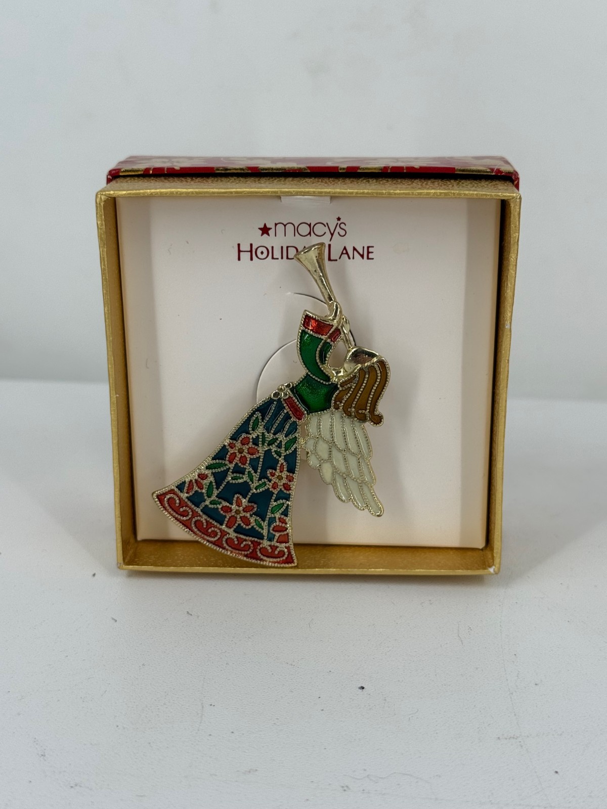 New Vintage Macy’s Holiday Time Enamel Angel w/ Horn Trumpet Christmas Brooch