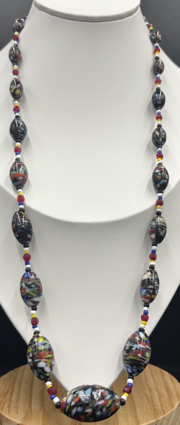 Vintage Murano Millefiori Glass Bead Necklace Black Base, Multicolour Confetti