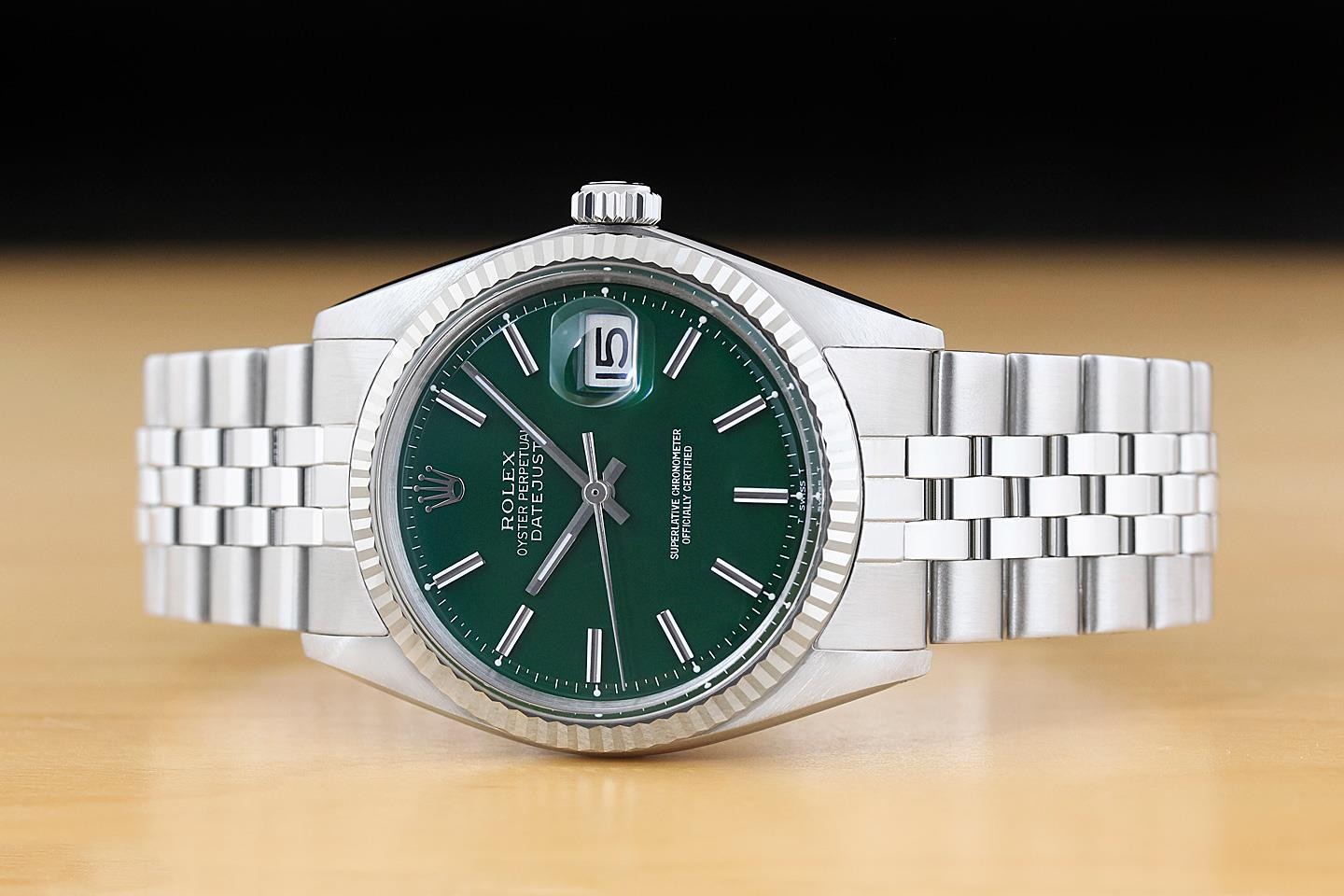 ROLEX DATEJUST 1601 18K WHITE GOLD STEEL GREEN DIAL FOLDED BRACELET WATCH