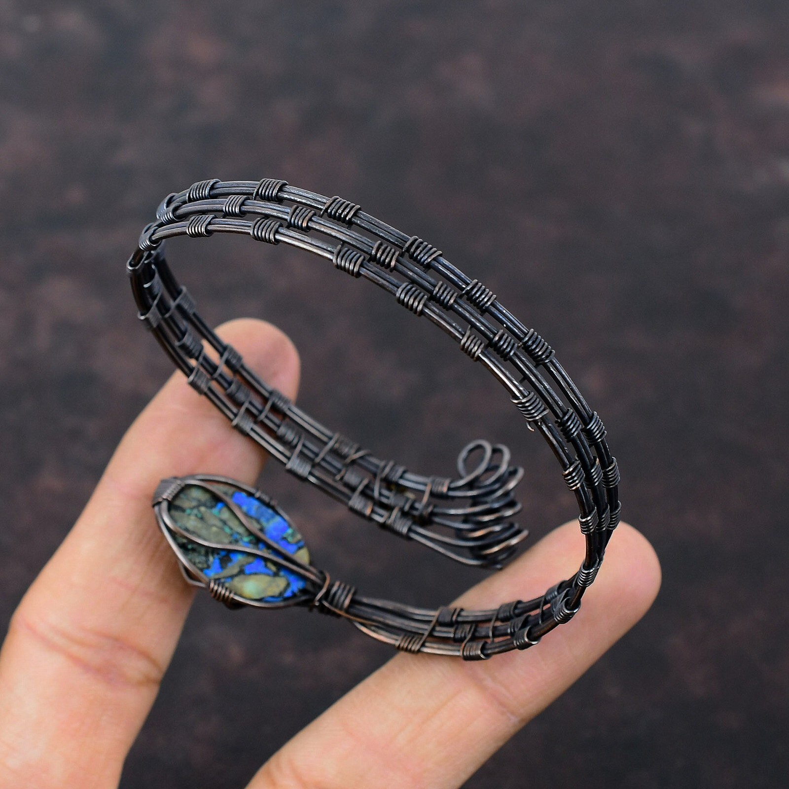 Azurite Malachite Wire Wrapped Adjustable Cuff Handcrafted Copper Unique Gift