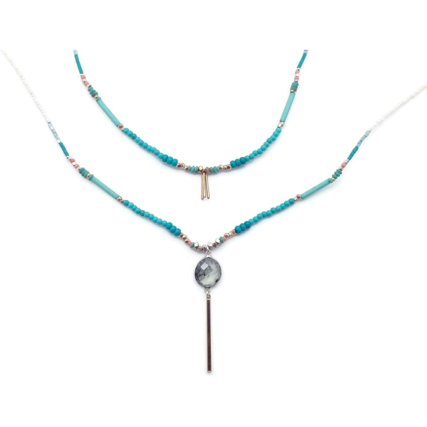 Nakamol Aqua White Mix Mineral Stone Crystal Beaded Layered Necklace Choker NEW