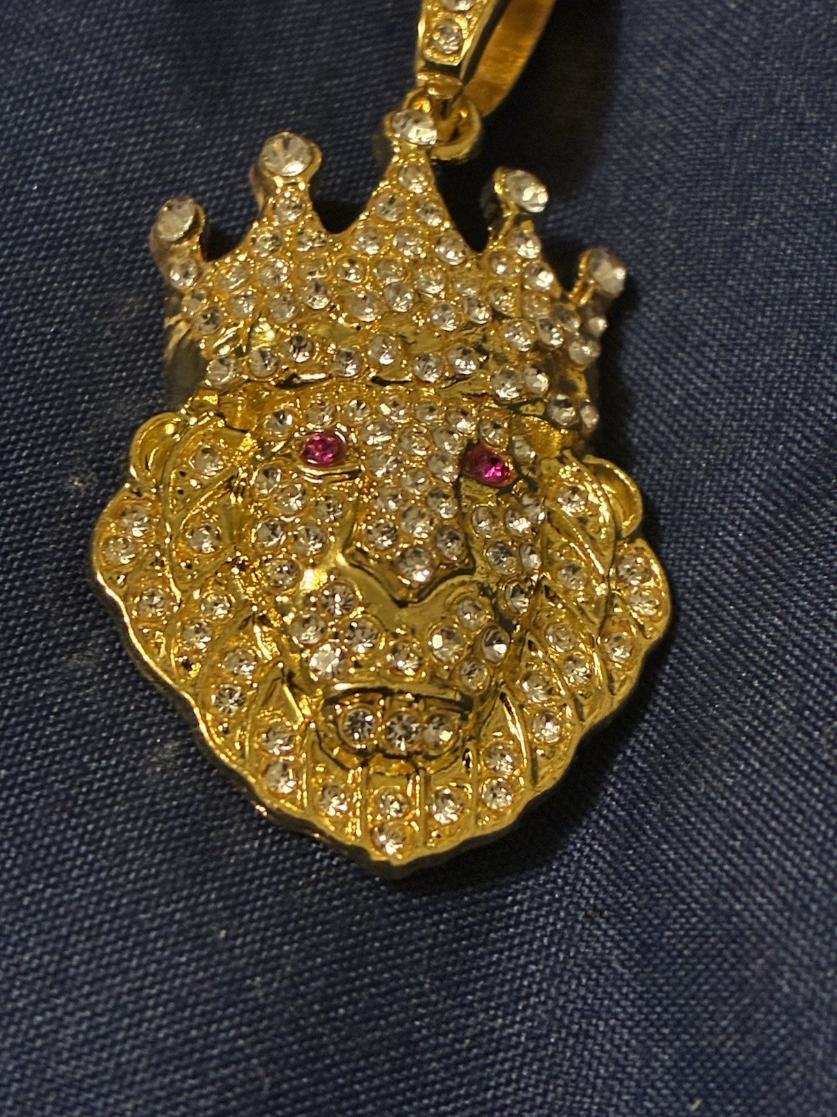 Gold Tone Rope Chain Lion Head Crown Pendant Pavé Clear Crystal 23.62in