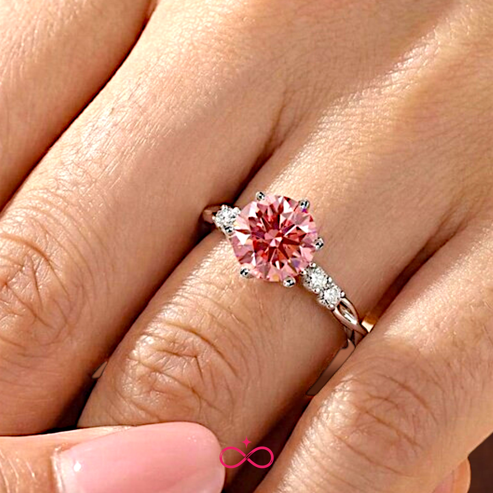 Fancy Vivid Pink Lab Created Round Cut Diamond Ring 2.10 Ct 950 Platinum E VVS2