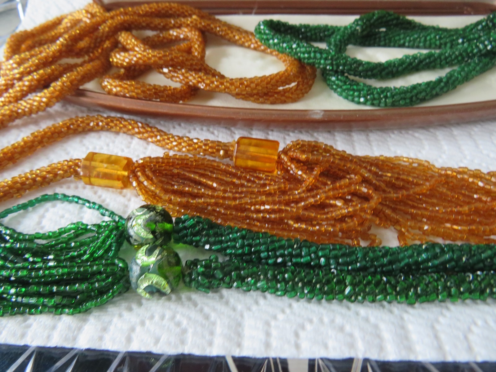 Lot 2 Antique Braun Crystal Opera Beads, Green & Gold Tns, With Braun Case