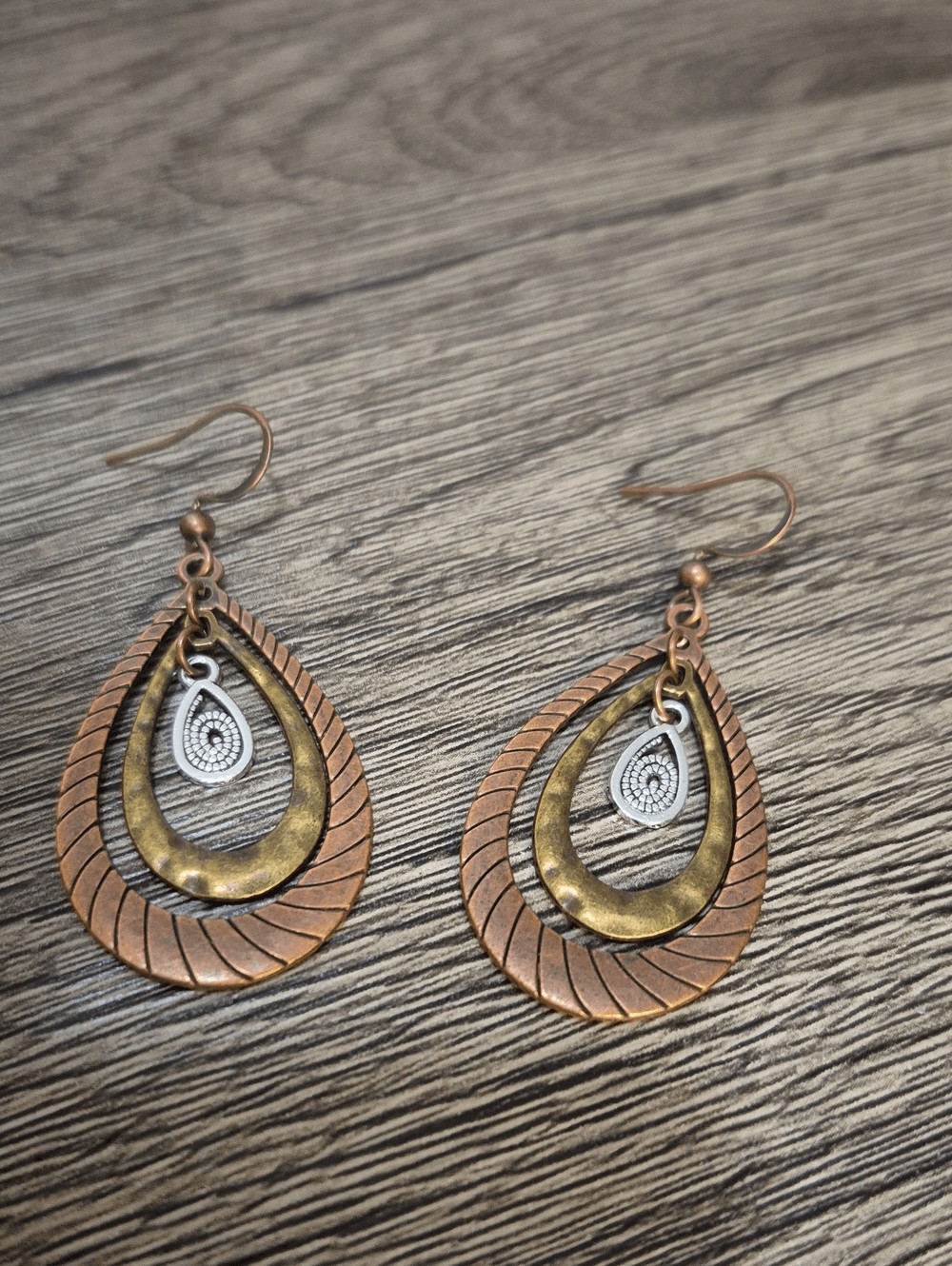 Copper and Brass Teardrop Dangle Earrings with Silver Accent
