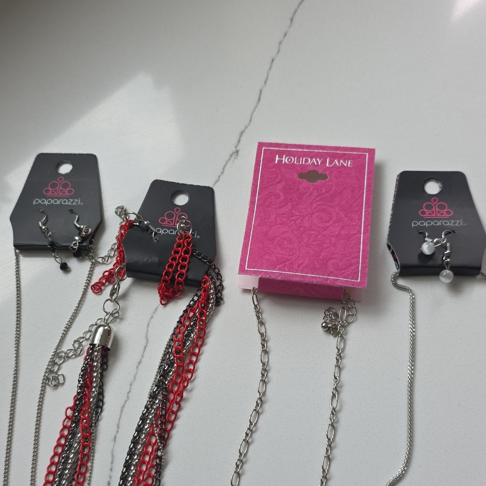 Paparazzi Holiday Lane Mixed Lot 4 Women’s Fashion Metal Necklaces Silver Red