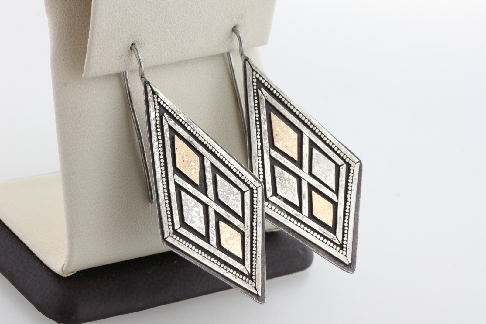 Vintage Sterling Silver 925 & 22K Gold Abstract Shape Pattern Hook Earrings
