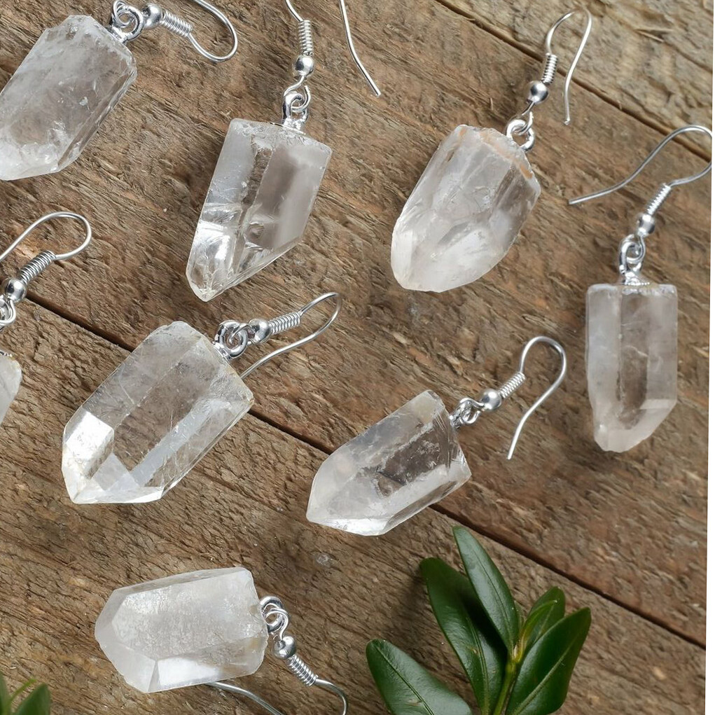Quartz Earrings Raw Natural Crystal Point Silver Dangle Earring Hook Reiki Heal