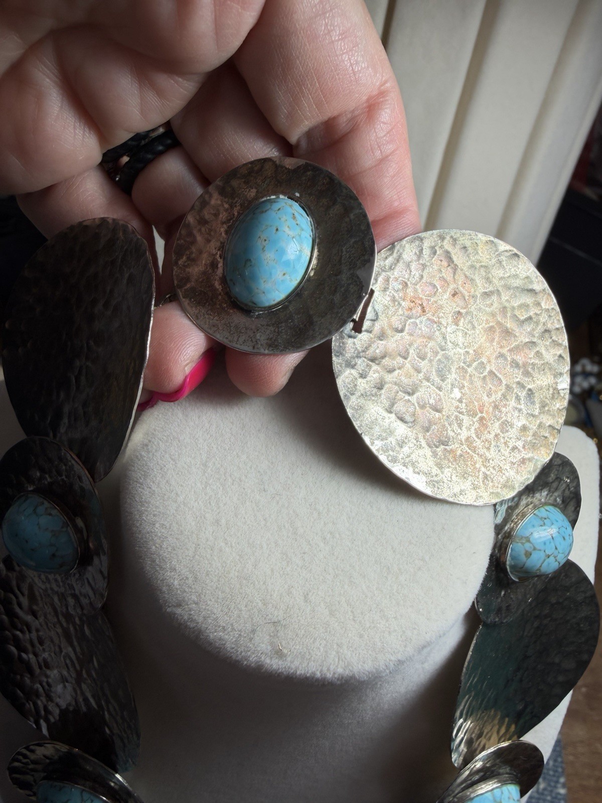 Hammered Brutalist Necklace Silver Tone Disc Statement Modernist Turquoise Glass