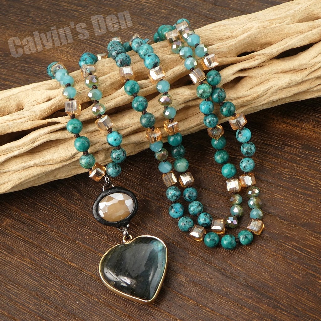 Labradorite Heart Pendant Necklace African Turquoise Jasper Beads Gift Boho