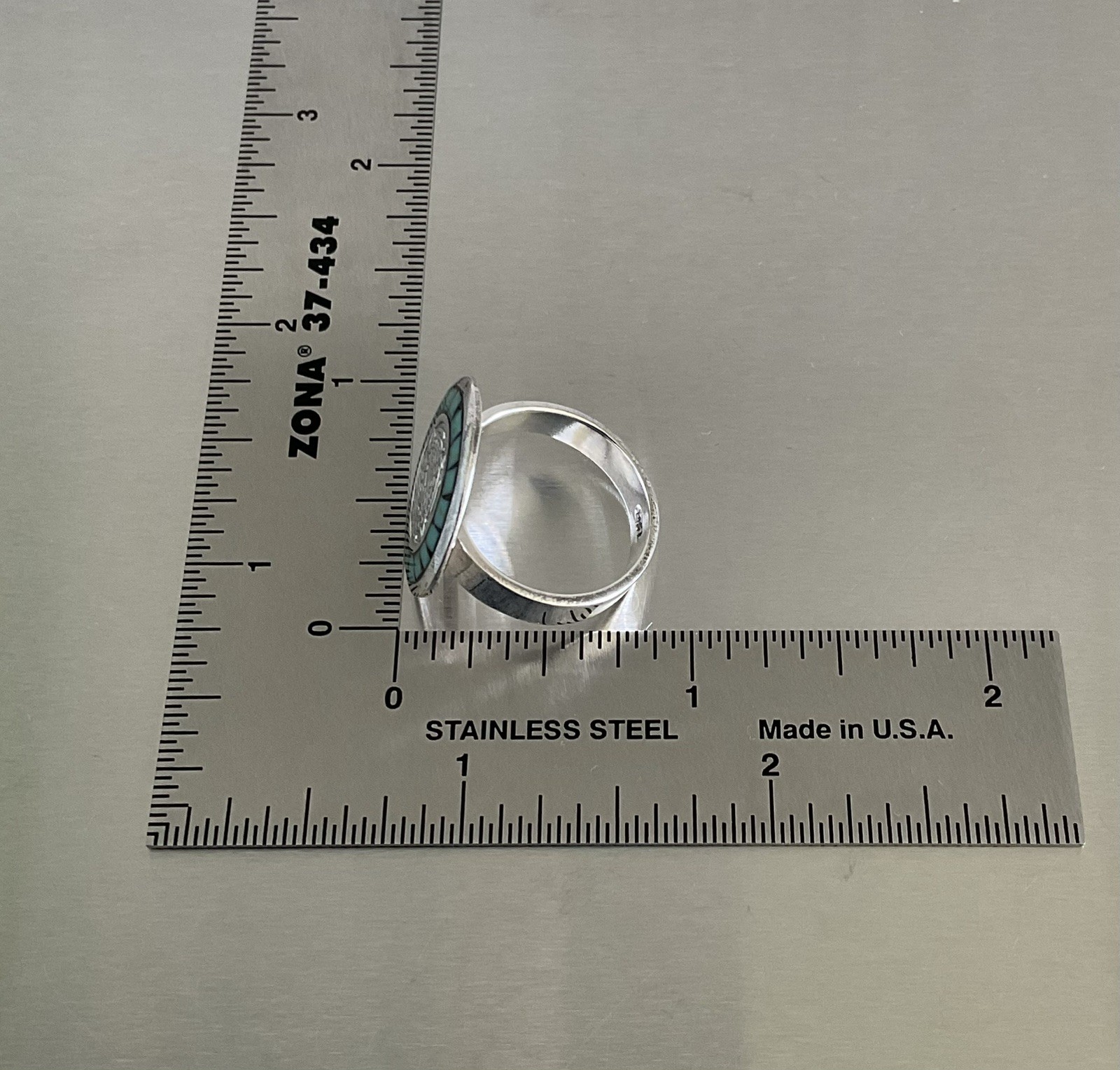 Turquoise Chip Inlay Aztec Calendar Motif Ring 925 Sterling Silver Size 7