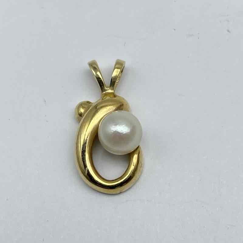 14K Yellow Gold 5.4mm Cultured White Pearl Swirl Pendant Modernist 1.8g