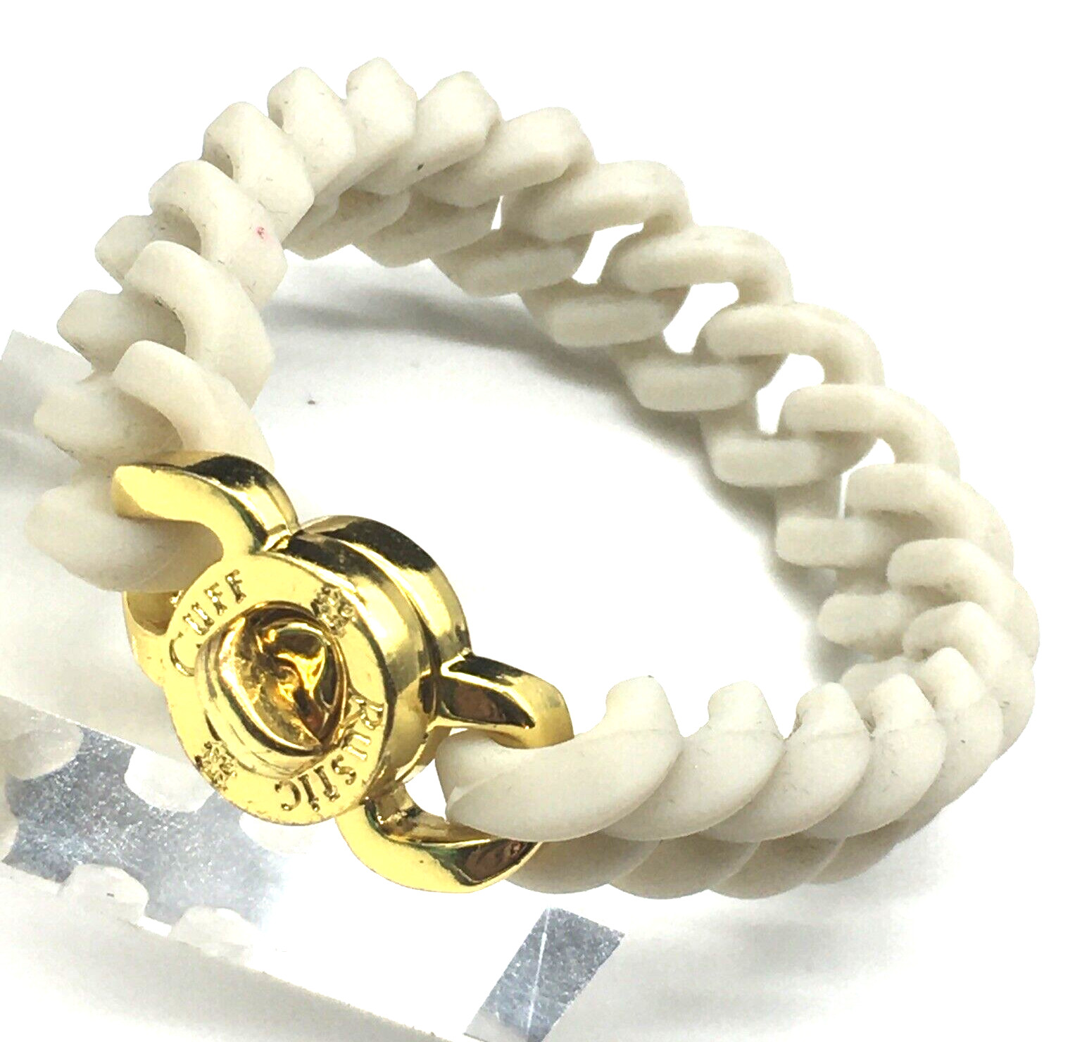 Rustic Cuff White Gold Tone Logo Turn Lock Silicone Stretch Mock Chain Bracelet