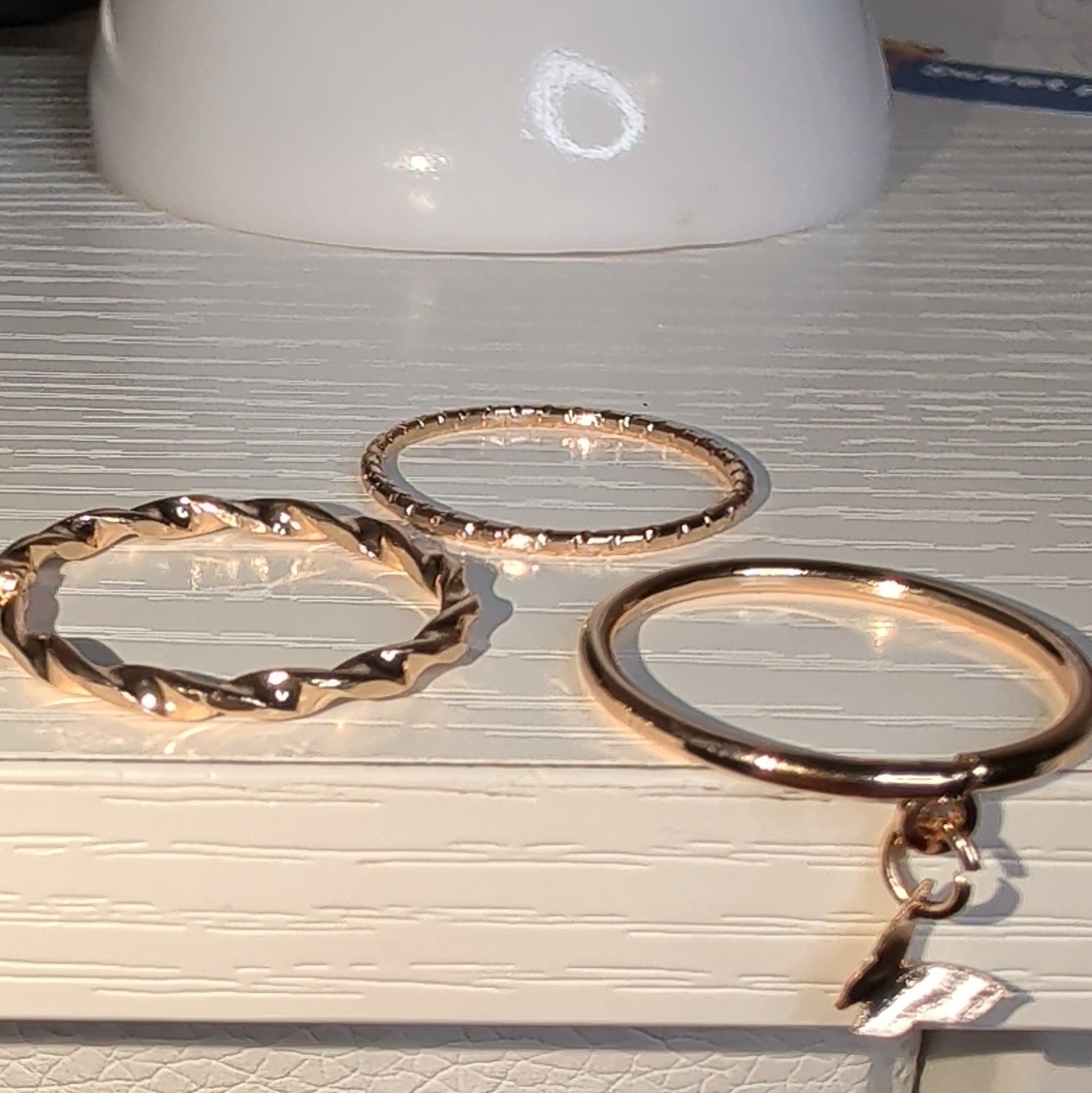 3-Piece Gold Tone Metal Stackable Band Ring Set Size 7.75 w/ Leaf Charm