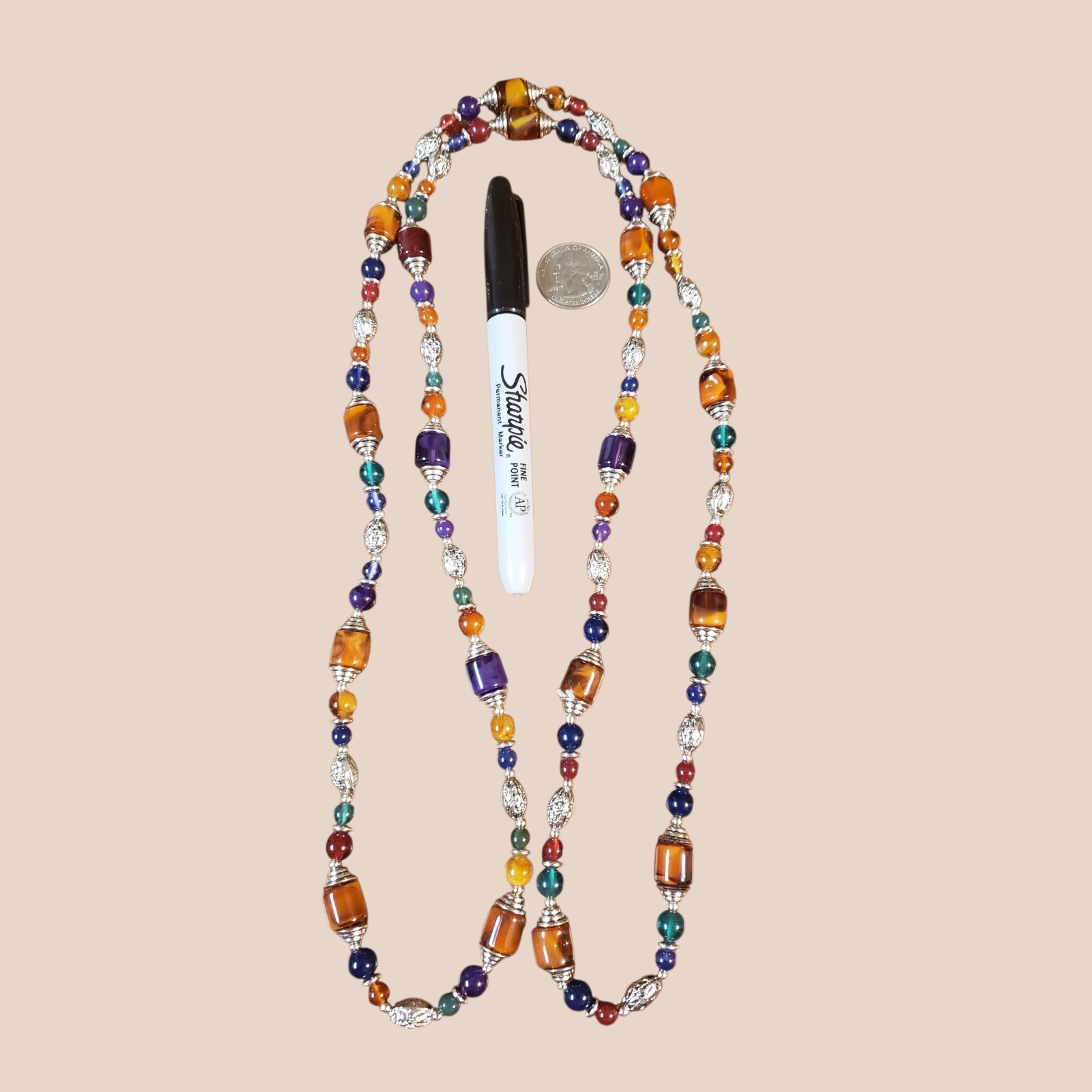 48″ Long Multi-Colored Red Blue Green Brown Orange Beads Silver Toned Necklace