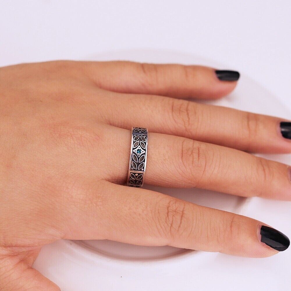 Retro Leaf Vintage Antique Band 1Ct CZ Elegant Unisex Promise Ring Silver Plated