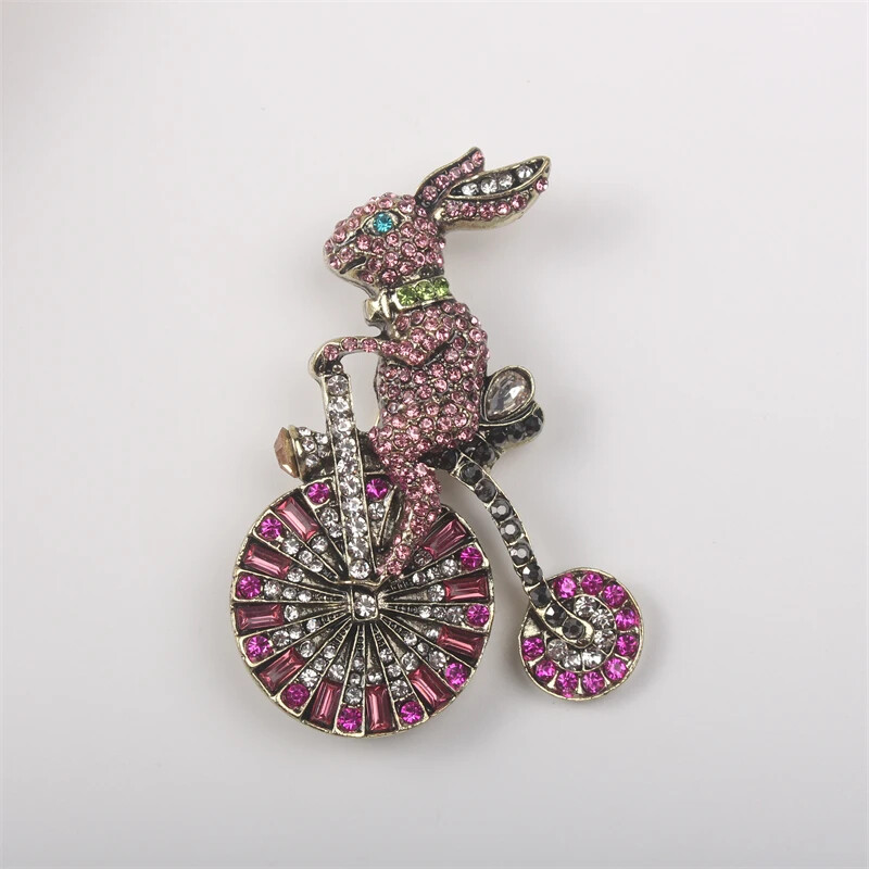 Colorful Bunny Bike Pink Sweet Vintage Brooch Luxury Rhinestone Animal Pins