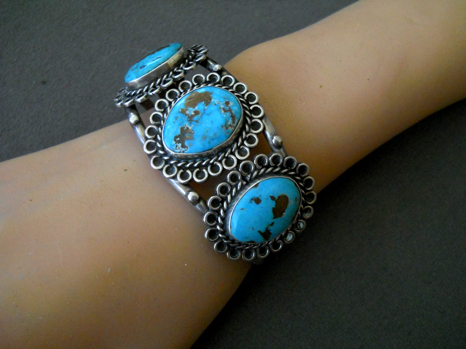 Native American Navajo Blue Turquoise w/Pyrite Sterling Silver Cuff Bracelet 40g