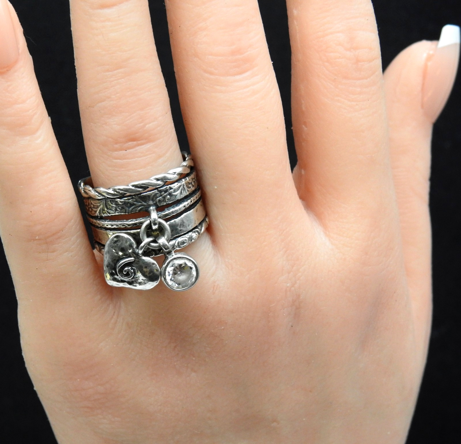 Israel 925 Sterling Silver Multi Band Heart CZ Dangle Charm Ring Size 9 Artisan