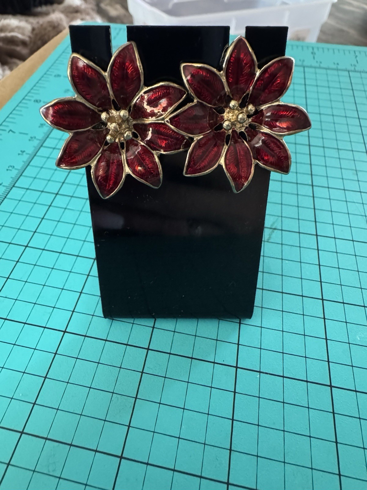 Holiday Poinsettia Red Enamel Pierced Earrings Gold Tone