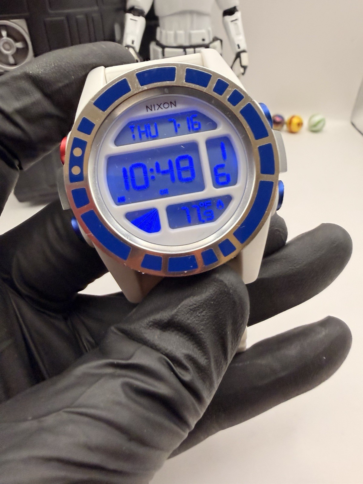 Nixon Star Wars R2-D2 Unit Watch, Featuring a 44mm White Case and a Blue Bezel.