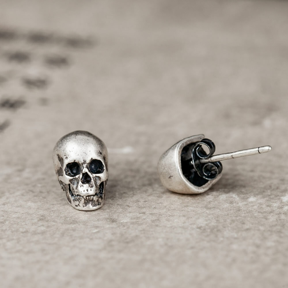 Gothic S925 Sterling Silver Skull Tiny Small Stud Post Earrings Lightweight Cute