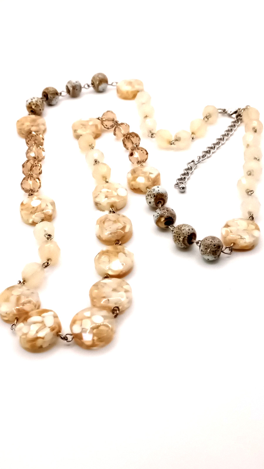 Mother Of Pearl Shell Flat Bead Crystal Necklace Silver Tone 32 to 35 in