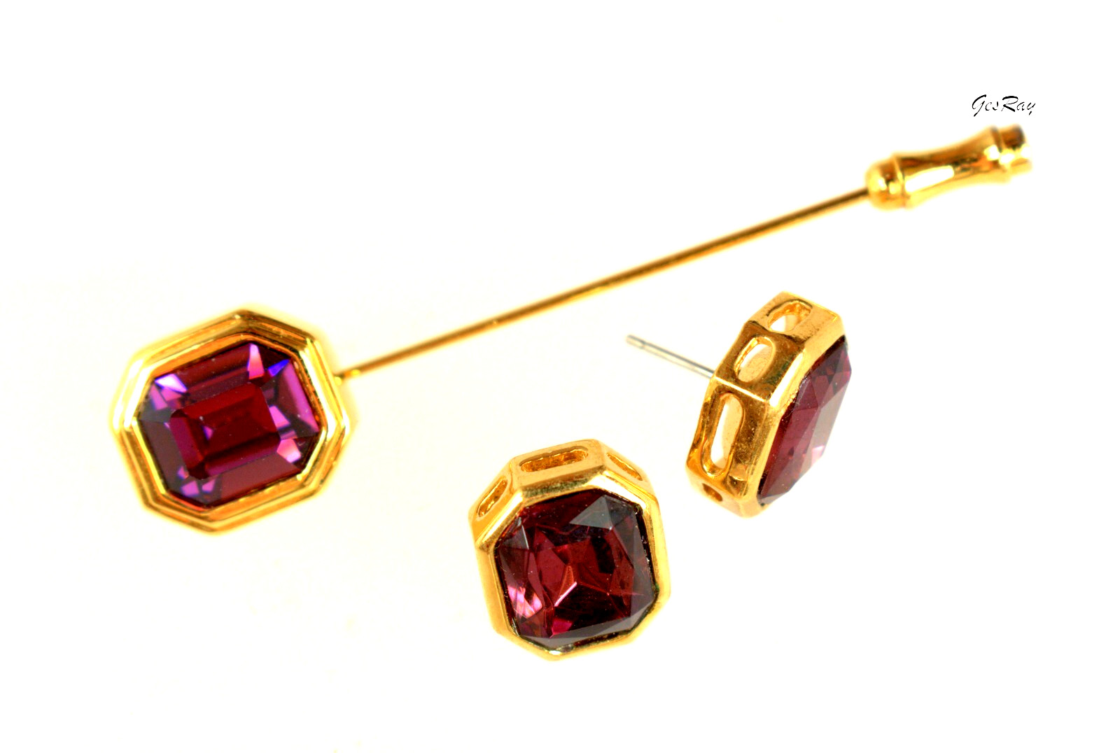 Faux Amethyst Stick Pin & Pierced Earrings Vintage