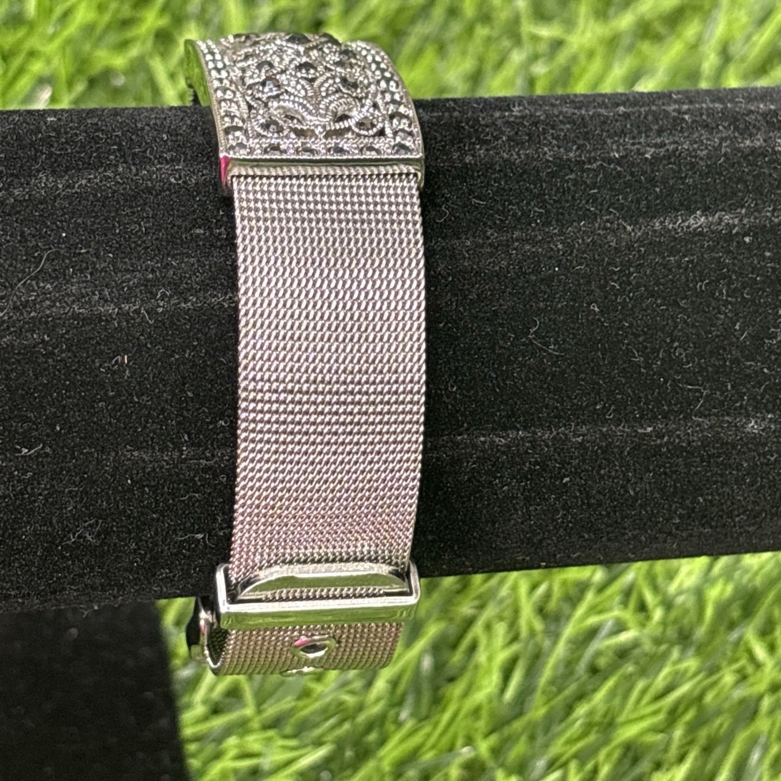 Vintage Art Deco Marcasite Mesh Bracelet Silver Tone Unmarked Rhodium Style