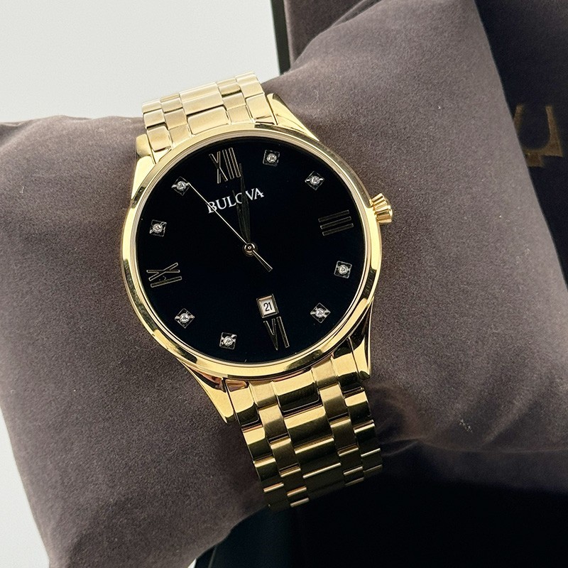 Bulova Classic 97D108 Black Diamond Dial Gold-Tone Bracelet Men’s Quartz Watch