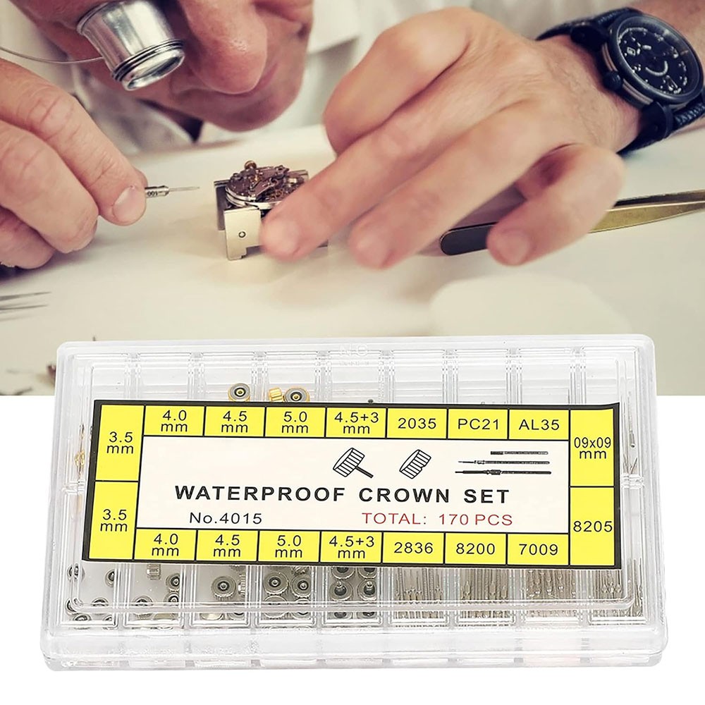 170pcs Mixed Gold Silver Watch Stem Crown Repair Parts Assortment Set Kit W/ Box