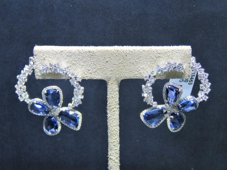 15.68 Carat Large Radiant Blue Sapphire With Shiny CZ Butterfly Fashion Earrings
