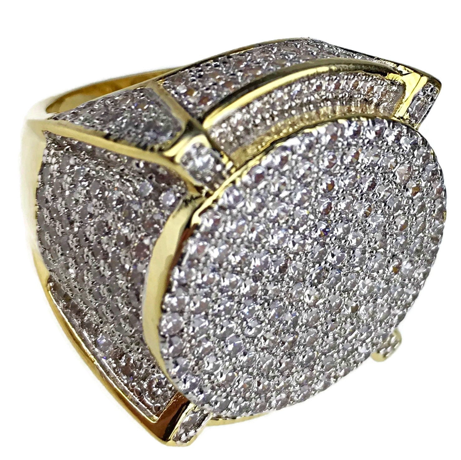 Mens Huge Round 22MM Ring Gold Plated 2-Tone Bling Micro Pave Simulated CZ 7-13