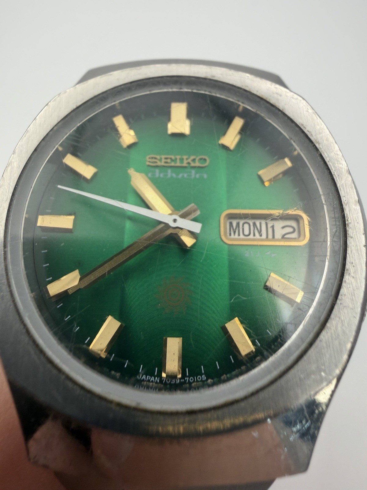 Vintage Seiko Debonair Automatic Green Dial Day Date Stainless Steel Watch