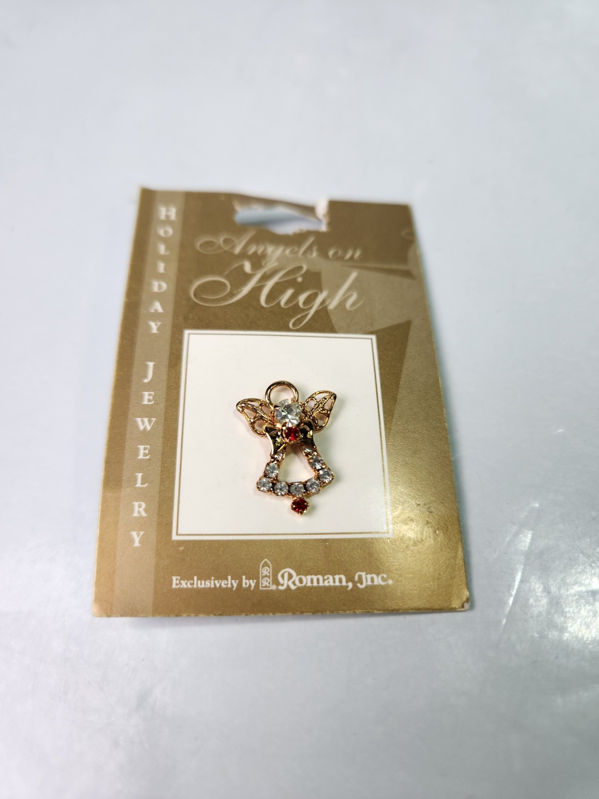 Christmas Pin Angels On High by Roman, Inc Gold Tone Red And Clear Crystals 2001
