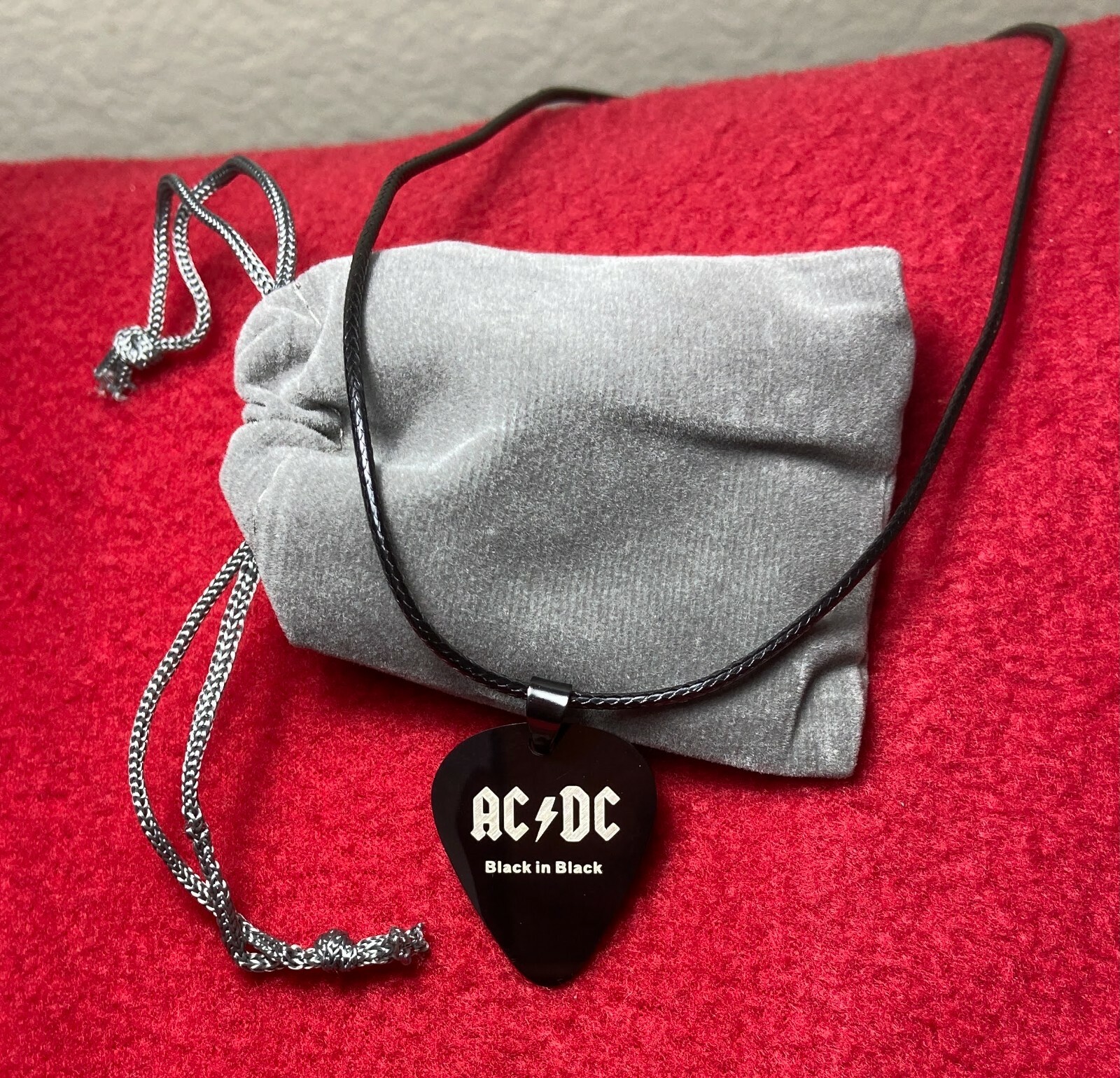 [NEW] ACDC Guitar Pick Necklace Black Stainless Steel Rock Band Jewelry w/ Pouch