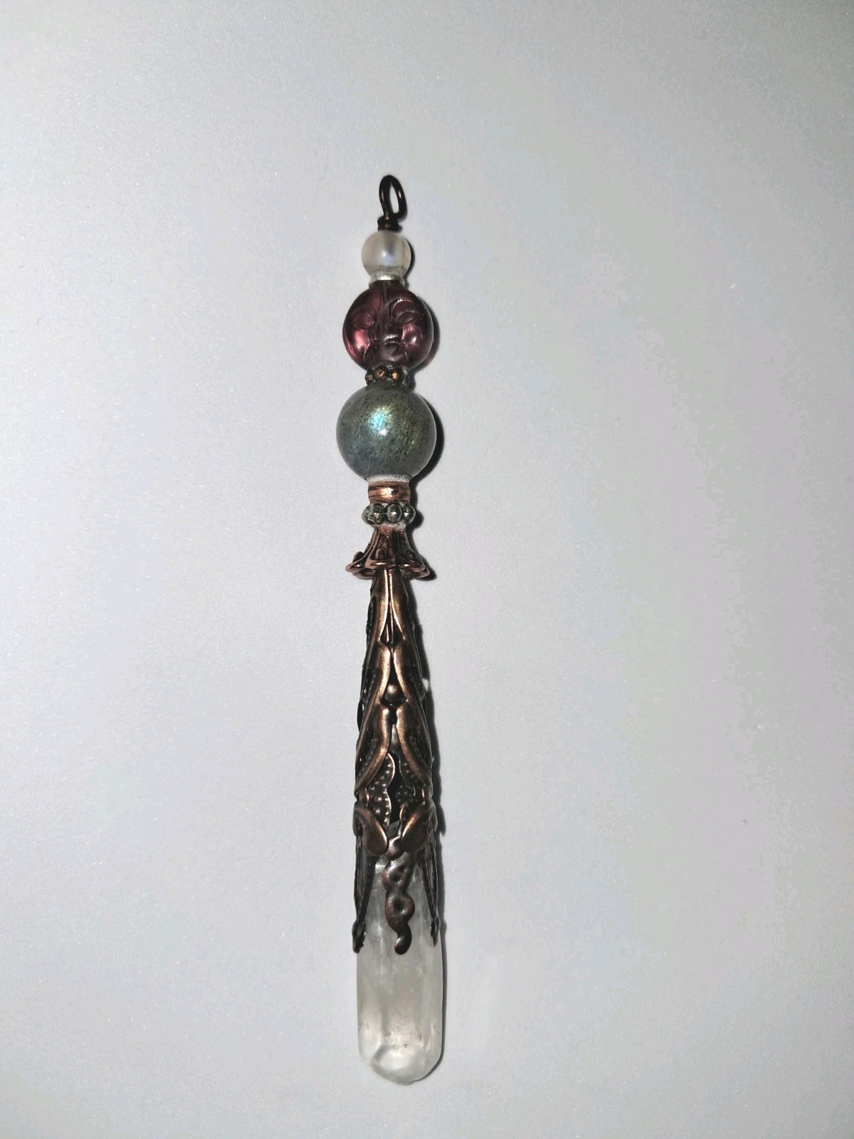 LABRADORITE R MOONSTONE & Glass Purple AB MOON FACE MILKY QUARTZ Crystal PENDANT