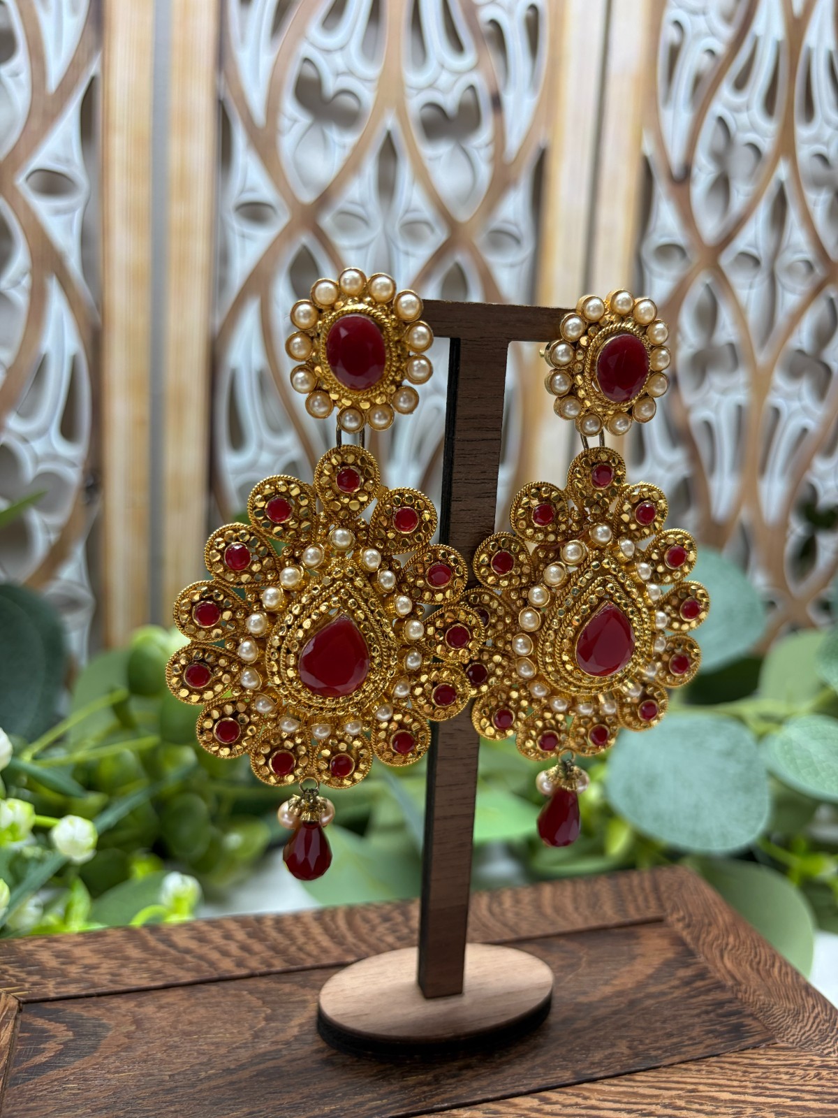 Heavy Ethnic Indian Style Gold & Red Tone Crystal Dangle Earrings – Occasion 40g
