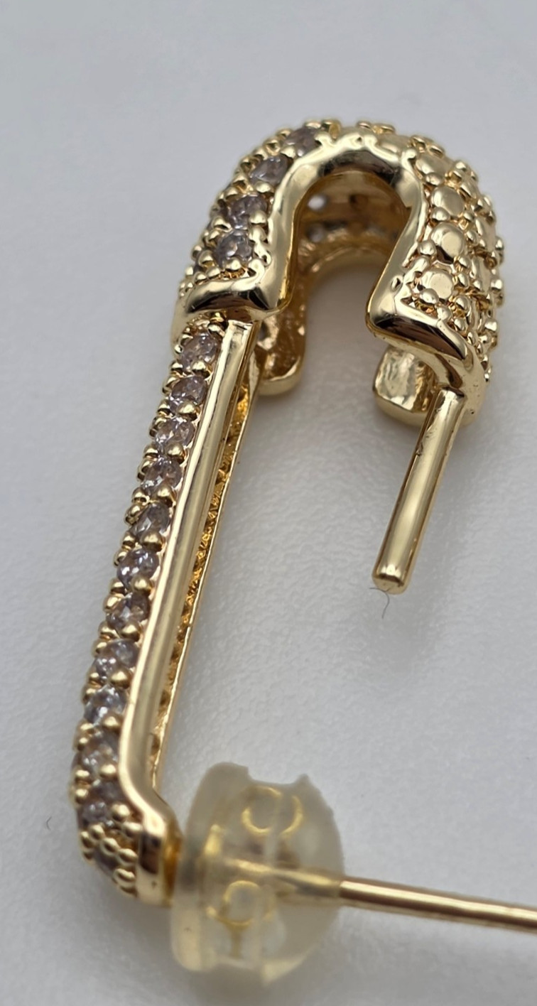 Gold Tone Clear CZ Pavé Safety Pin Stud Earrings 1 Inch Edgy Punk
