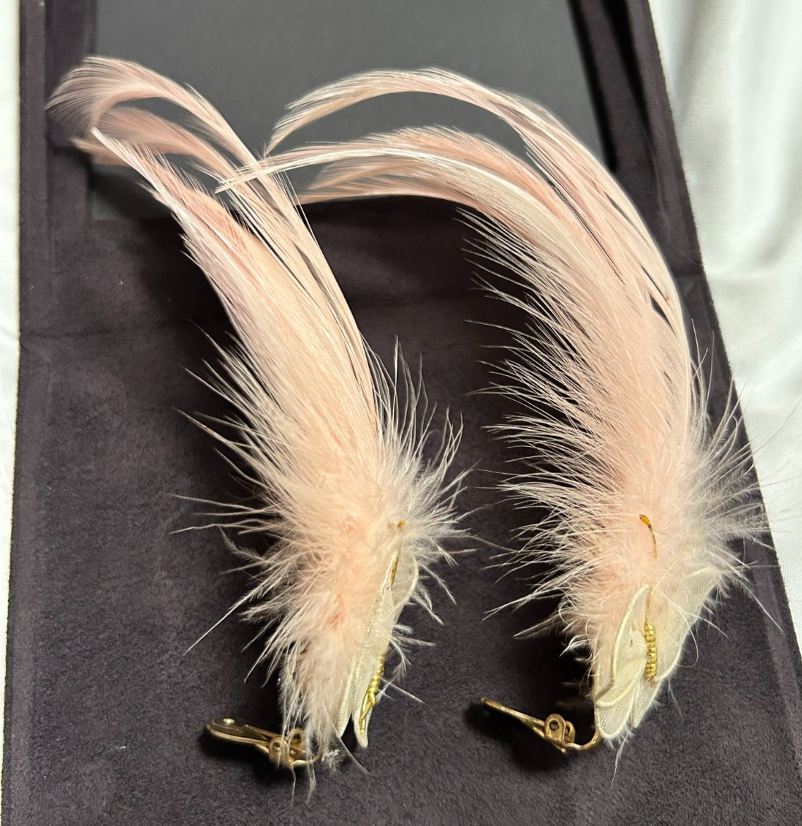 Vintage 1950’s Real Feather Butterfly Pink Special Occasion Earrings Clip-On 6″