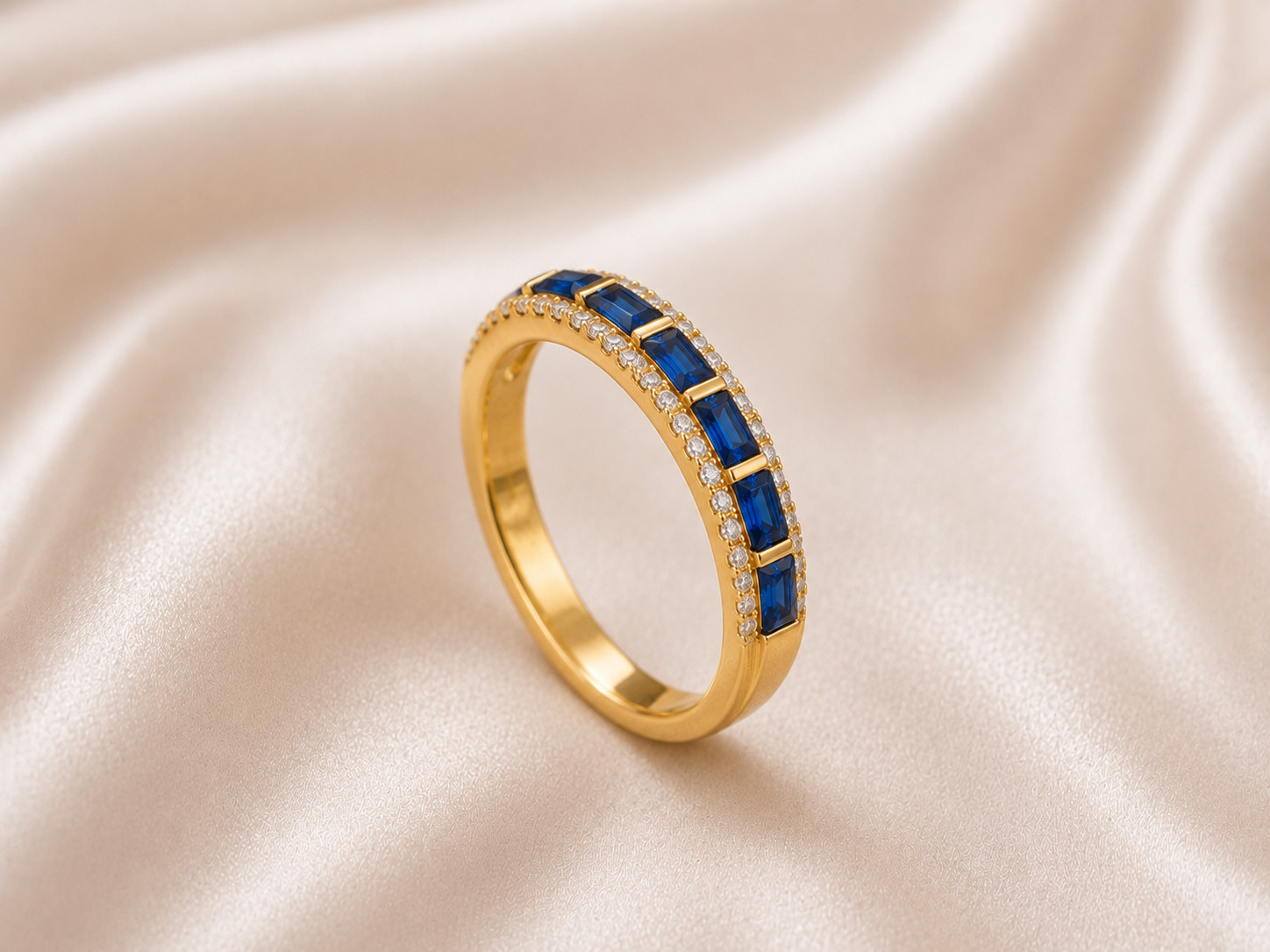 Blue Sapphire & Moissanite Eternity Band 14K Gold Baguette September Birthstone