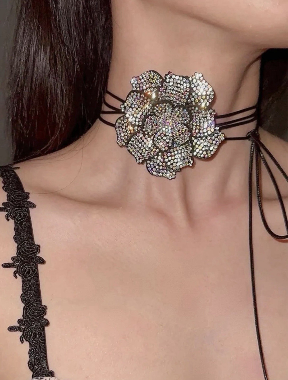 Rhinestone Flower Charm Choker Necklace, Black Cord, Adjustable Tie, 180cm