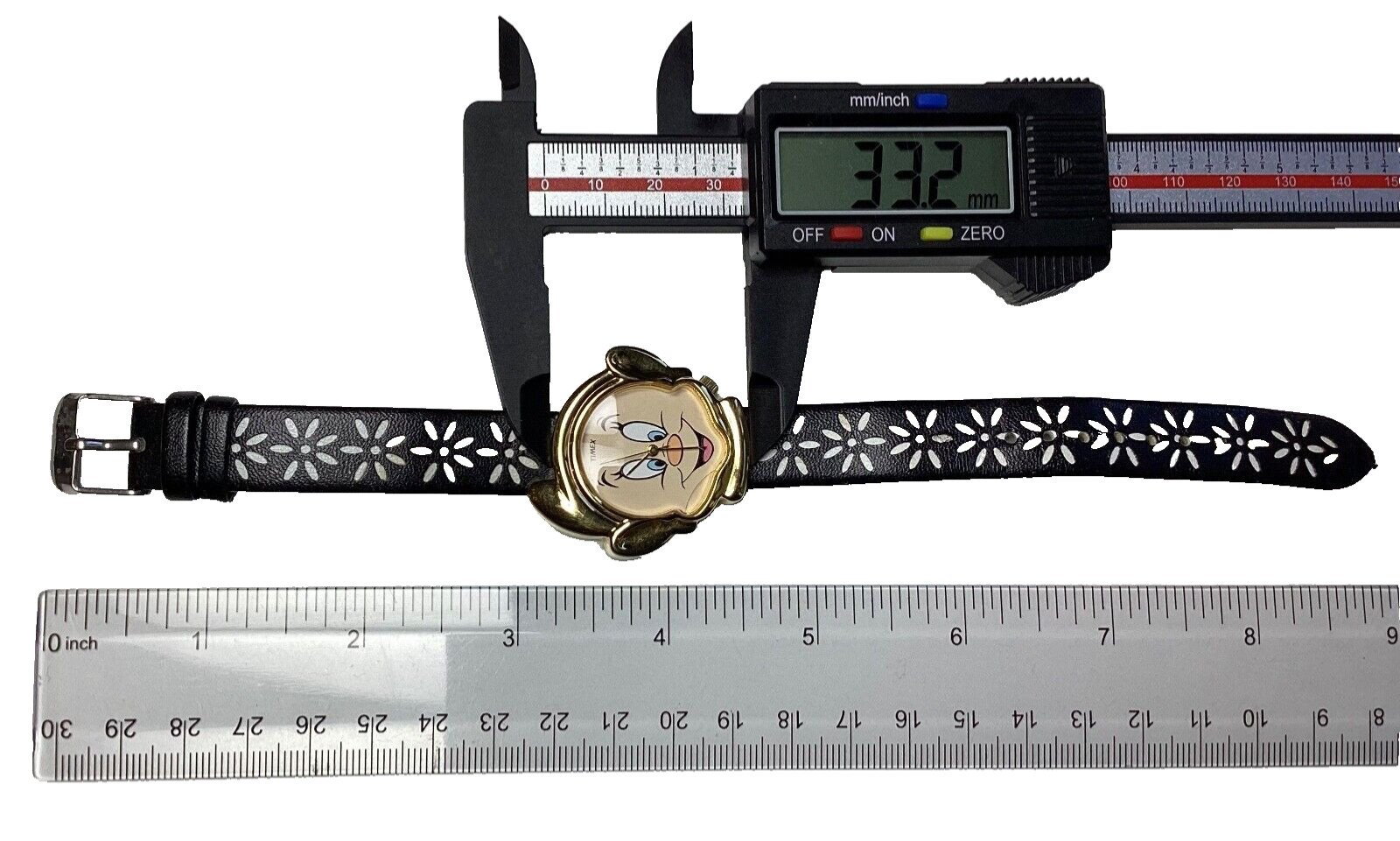 Timex Disney Dopey Head Watch Black White Flower Cut-Out Band New Battery