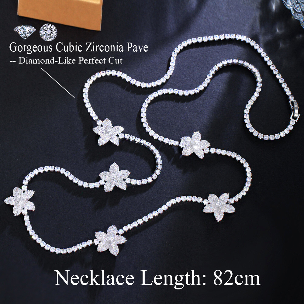 82cm Silver Plated Cubic Zircon White Flower Long Necklace Women Wedding Jewelry