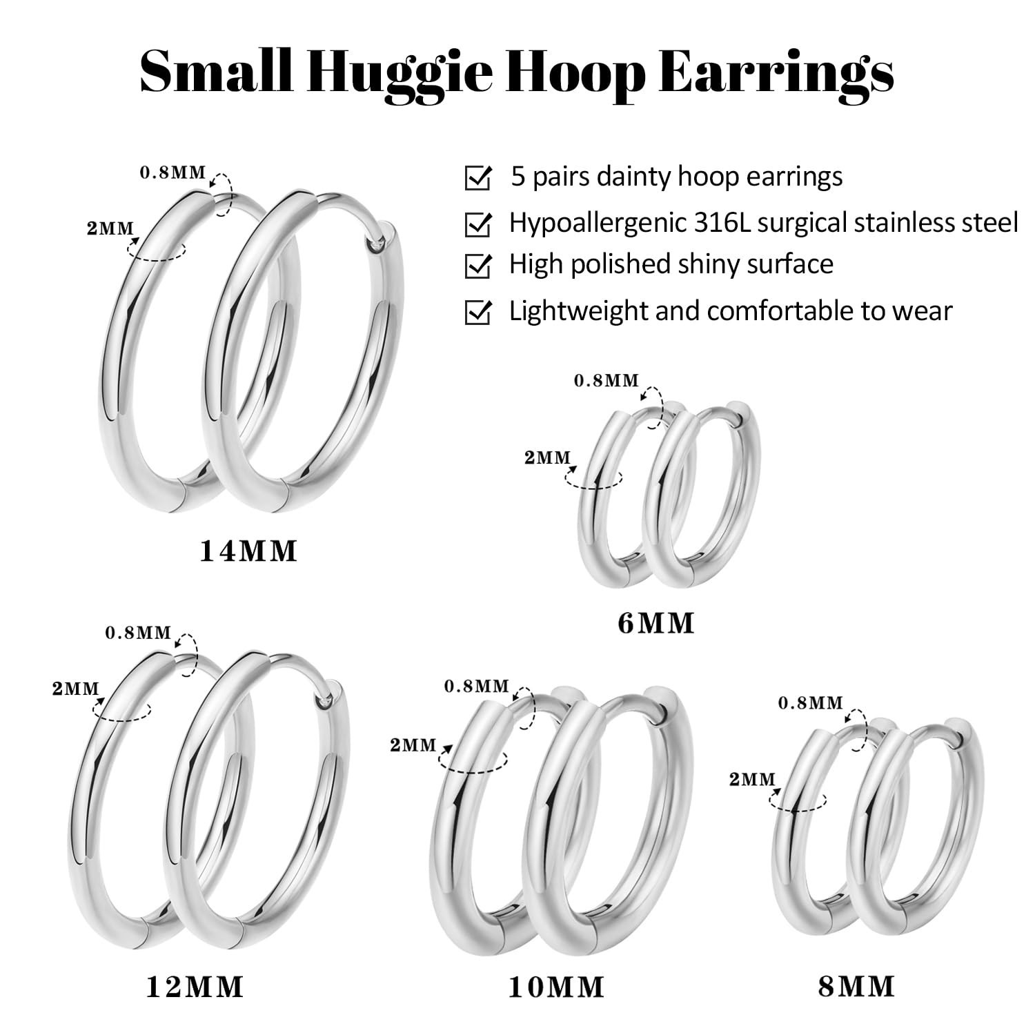 316L Surgical Steel Huggie Hoop Earrings | Dainty Pave Cubic Zirconia Cartila…