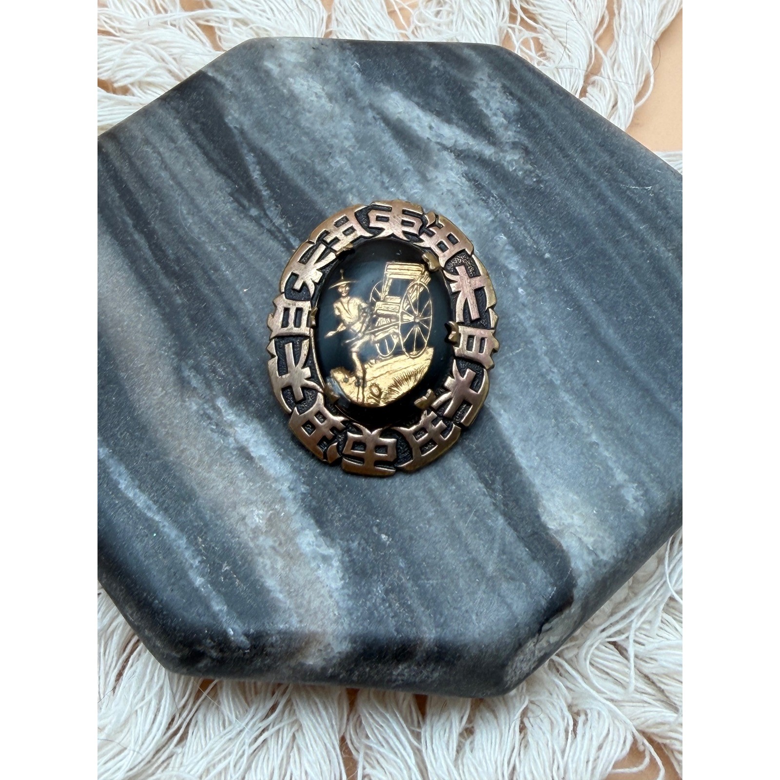 Vintage Damascene Rickshaw Brooch Gold Tone Inlay Japanese Art Deco Pin