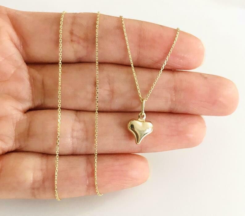 14K Real Gold 3D Heart 0.55″ Pendant, 14k Solid Gold 0.8mm Cable Chain- 14KC2905