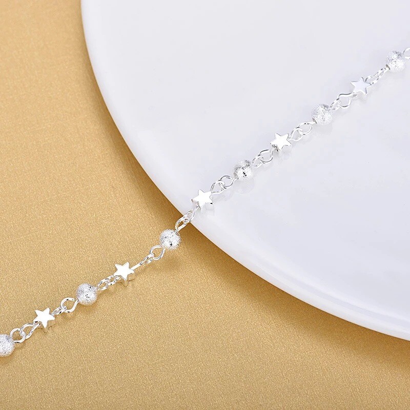Women’s 925 Sterling Silver Stars Beaded Link Foot Chain Ankle Bracelet #AB41